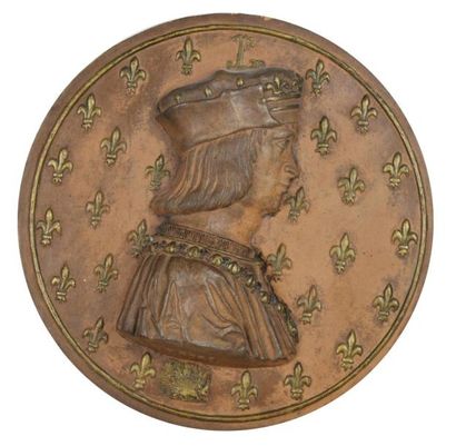 null MEDAILLON en terre cuite représentant le roi Saint-Louis en buste de profil...