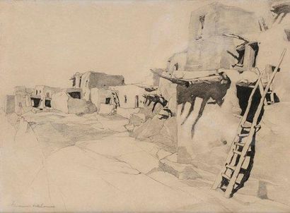 Francis John MAC COMAS (1875-1938) Village indien, Nouveau Mexique Crayon et fusain...