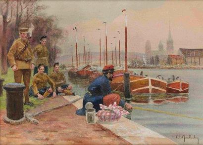 François Richard de MONTHOLON (1856-1940) Soldat français pêchant dans le port de...