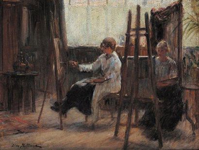 Léon BELLEMONT (1866-1961) La leçon de peinture, Atelier de femmes Huile sur carton...
