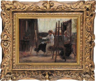 Léon BELLEMONT (1866-1961) La leçon de peinture, Atelier de femmes Huile sur carton...