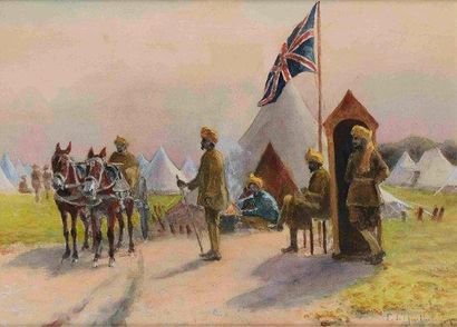 François Richard de MONTHOLON (1856-1940) Troupes indiennes sikhs, entrée du camp...