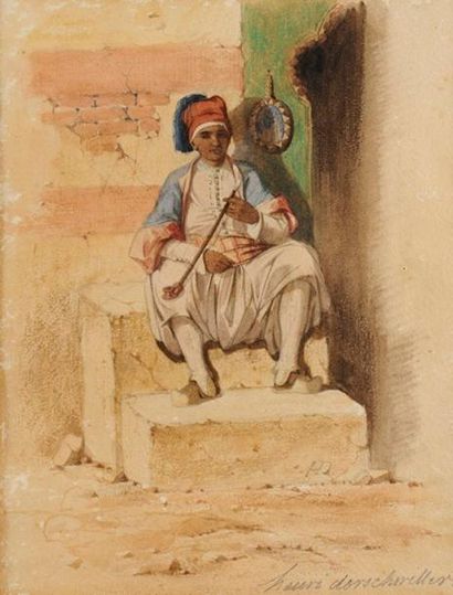 Henri DE BOUG D'ORSCHWILLIER (1783-1859) Oriental fumant le calumet Aquarelle et...