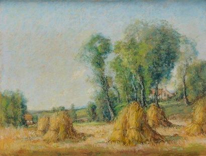 André Des FONTAINES (1869-1910) Les meules Pastel Signé en bas à gauche 48 x 63 cm...