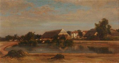 Edouard Auguste IMER (1820-1881) Ferme en bord d'étang Huile sur toile Signée en...