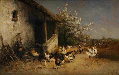 Alexandre DEFAUX (1826-1900) La vie à la ferme Huile sur toile Signée en bas à droite...
