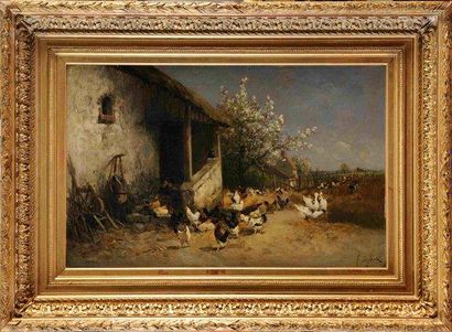 Alexandre DEFAUX (1826-1900) La vie à la ferme Huile sur toile Signée en bas à droite...