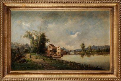 Frédéric Marius MANIQUET (1822-1896) Promenade en bord de rivière Sur sa toile d'origine...