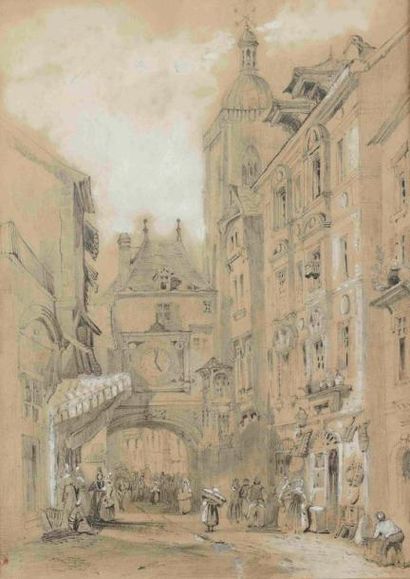 Henry John BONNINGTON (Attrib.) (XIXème siècle) La rue de l'Horloge Crayon, lavis...