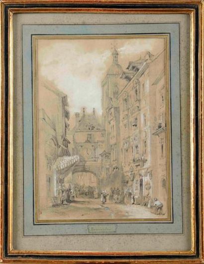 Henry John BONNINGTON (Attrib.) (XIXème siècle) La rue de l'Horloge Crayon, lavis...