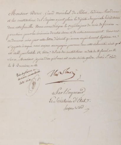 NAPOLEON Ier Pièce signée «Napoleon» contresignée par le secrétaire d'État Hugues-Bernard...