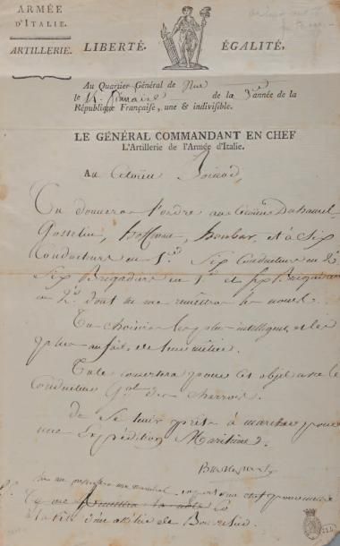 BONAPARTE (Napoléon) L.S. «Buonaparte» avec 5 mots autographes au citoyen Boinod....