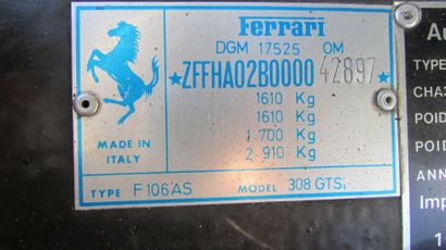 1984 FERRARI 308 GTSi Châssis N° ZFFHA02B000042897 Type F106AS Carte grise Française...