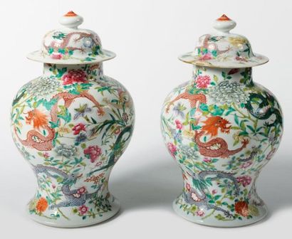 CHINE PAIRE DE POTICHES en porcelaine à décor émaillé de dragons et feuillages Fin...
