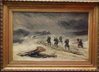 Georges HYON (1855-?) Soldats sous la neige Huile sur toile signée et datée 1872...