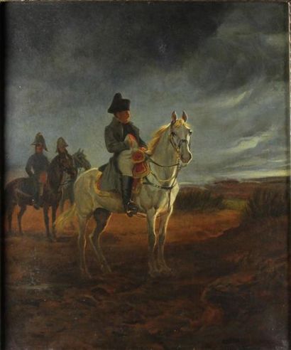 Attribué à Raymond DESVARREUX (1876-1961) Napoléon Ier à cheval Huile sur toile 55,5...