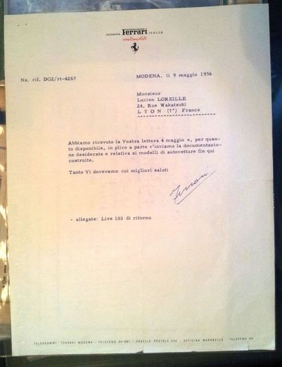 FERRARI	 Exceptionnelle Lettre de l'usine à Lucien Loreille datée du 9 mai 1956....