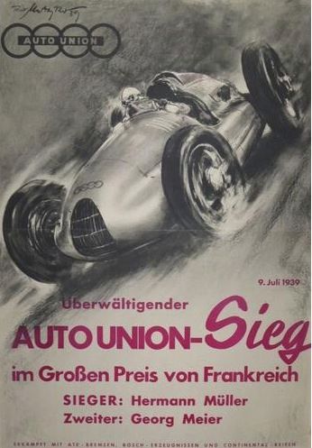 Affiche pour célébrer la victoire d’Auto Union au Grand prix de Reims 1939 70 cm...