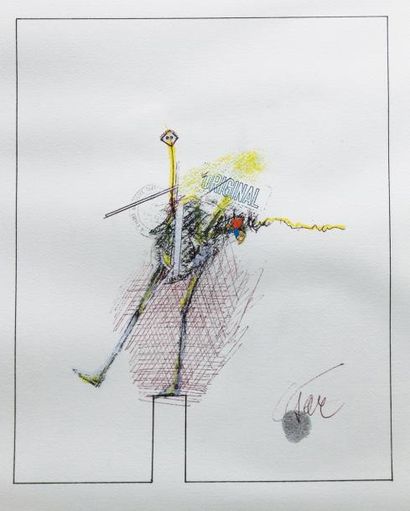 César (1921-1998) Poule, 1993. Encre de chine, pastel, cachets. Dessin pour une variation...