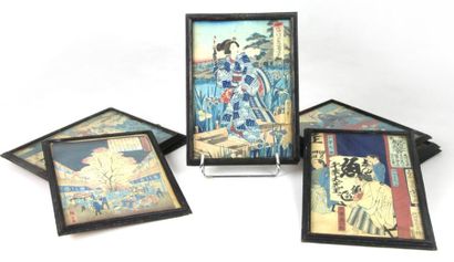 JAPON Suite de huit estampes japonaises ""Geisha sur un pont"" ""Geisha devant un...