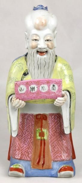 CHINE Sage chinois en porcelaine polychrome XIXème siècle Haut: 40 cm (mains mob...