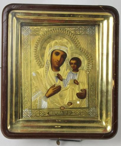 null ICÔNE DE MARIAGE La Vierge de Kazan avec riza en cuivre doré, argenté et ciselé...