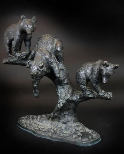 Anton BUSCHELBERGER (1869-1934) Bear Cubs Bronze à patine noire nuancée Signé sur...