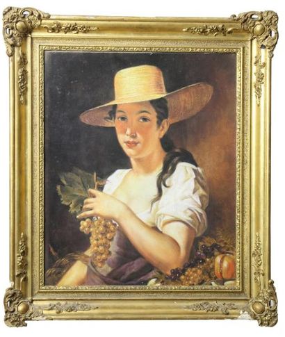 ECOLE FRANCAISE DU XIXème siècle Portrait de jeune fille aux raisins Pastel Trace...