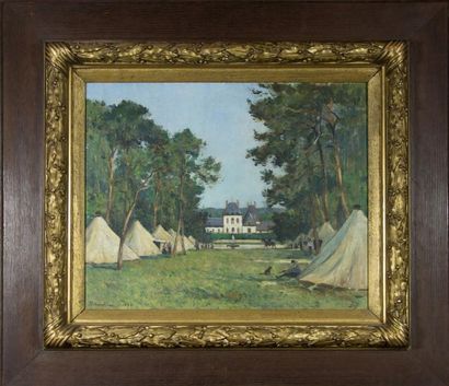 Paul LIOT (1855-1902) Camp de soldats près du château de Fontainebleau Huile sur...
