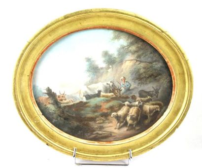 ECOLE FRANCAISE DU XIXème siècle Scène pastorale Pastel à vue ovale 24 x 30 cm (à...