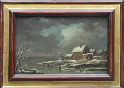 Ecole Flamande du XIXème siècle Scène animée dans un paysage enneigé Huile sur cuivre...
