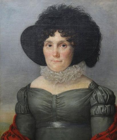 ÉCOLE FRANÇAISE VERS 1820 Portrait d'une femme au châle rouge Huile sur toile d'origine...