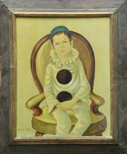Michel VIOT (XXème siècle) Pierrot au fauteuil Huile sur toile signée en bas à gauche...