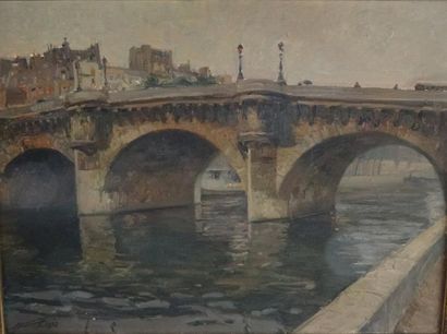 ECOLE FRANCAISE début XXème siècle Le Pont Neuf Huile sur toile signée en bas à gauche...