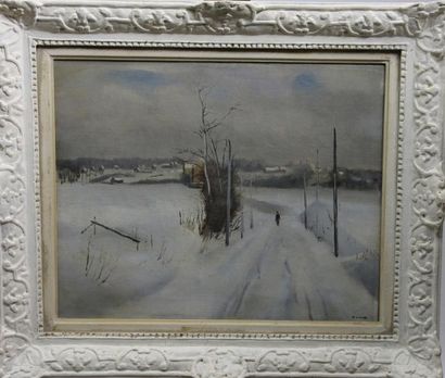 Robert LIARD (1911-1988) Chemin enneigé Huile sur toile signée en bas à droite 40...
