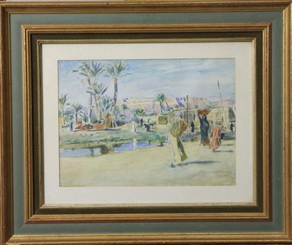Raoul du GARDIER (1871-1952) Scène de marché dans le désert Aquarelle signée en bas...