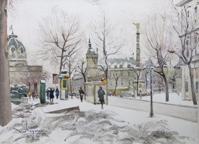 Jean LEYSSENNE (1921-2009) Place du Châtelet sous la neige Aquarelle sur papier signée...