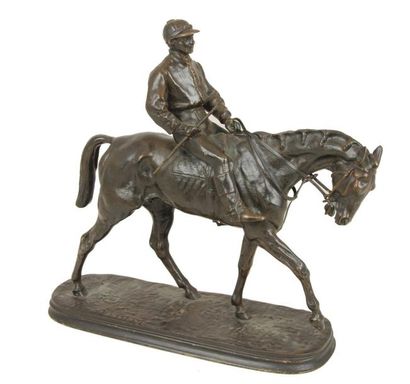 Pierre Jules MENE (1810-1879) Jockey et son cheval Bronze à patine brune signé sur...