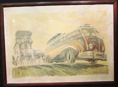 GEO HAM «L'autocar et la diligence» 1948, offset encadré