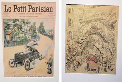 null 2 Couvertures de journal : «l'arrivée de la Benz» en 1900 et «Le petit parisien»...