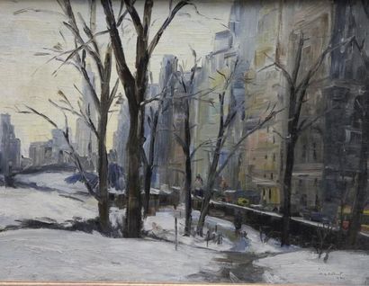 Michel Gérard GILBERT (1914-1973) New-York, Central Park sous la neige Huile sur...