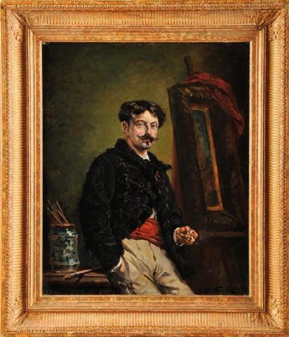 Alphonse de NEUVILLE (1836-1885) «Autoportrait en dolman noir dans son atelier» Huile...