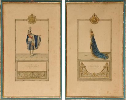 Ecole FRANCAISE du début du XIXème siècle «Ministre et Princesse» Deux gravures rehaussées...