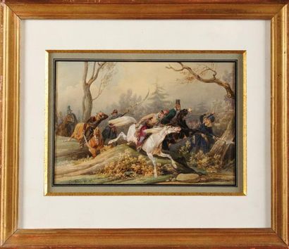 Noël Dieudonné FINART (1797-1852) «La charge des Cosaques» Aquarelle et gouache Signée...