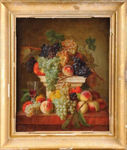 François Nicolas LAURENT (1785- Orléans, 1828) «Pêches, grappes de raisins et verre...