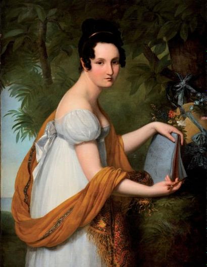 Julie PHILIPAULT (1780-1834) «Portrait de jeune femme dessinant.» Grande huile sur...