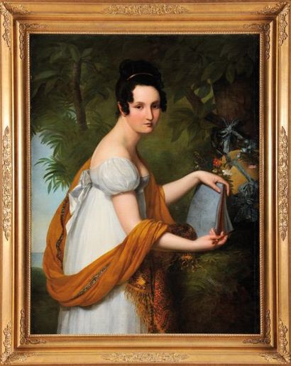 Julie PHILIPAULT (1780-1834) «Portrait de jeune femme dessinant.» Grande huile sur...