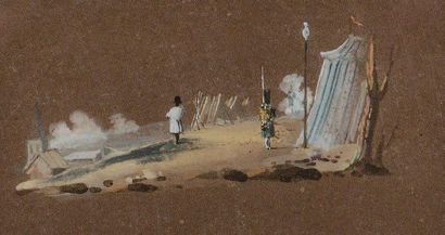 BAZIN attribué à «Napoléon 1er devant sa tente gardée par la sentinelle» Gouache...