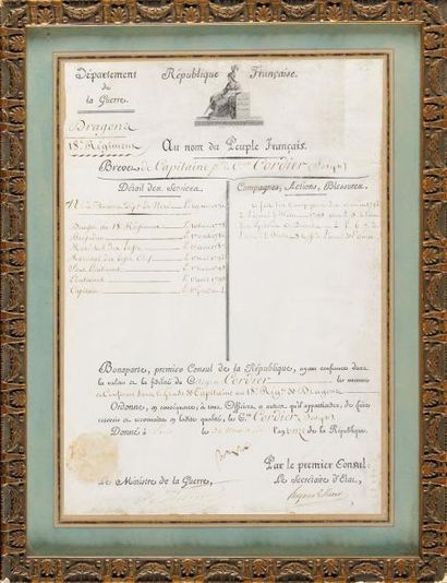 null Brevet de Capitaine du 18ème régiment de dragons au nom du Citoyen Joseph CORDIER....