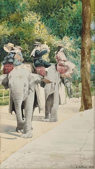 A.HAFFNER (XIXè siècle) La promenade à dos d'éléphant au bois de Boulogne Aquarelle...